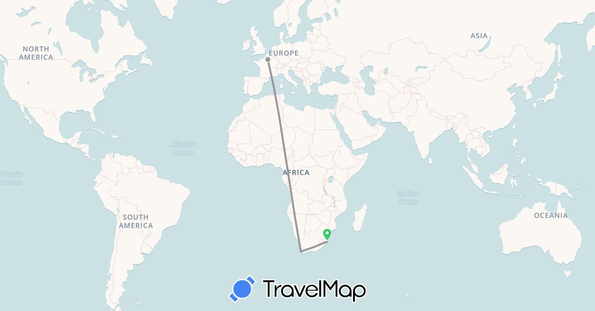 TravelMap itinerary: bus, plane in France, South Africa (Africa, Europe)